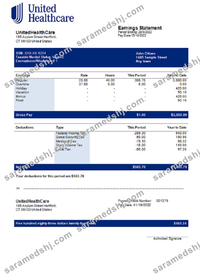 USA UnitedHealthCare managed care company pay stub